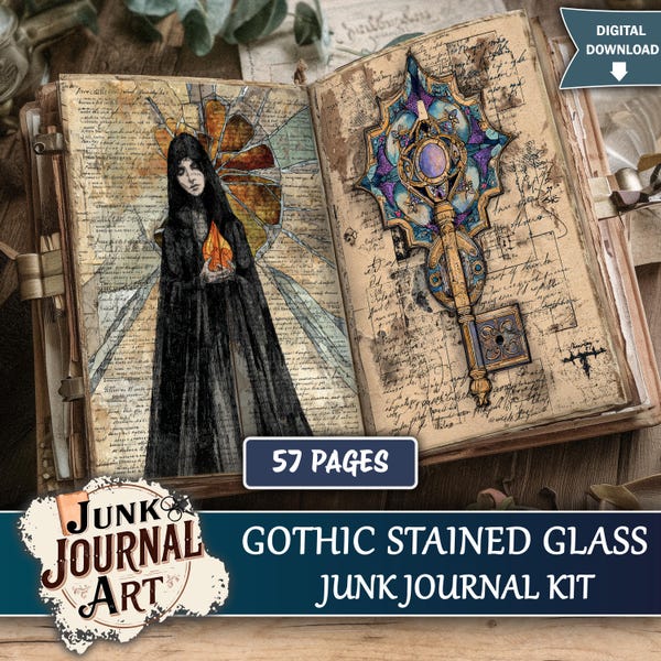 Gothic Stained Glass Junk Journal Printable Pages - Cathedral Window Kit, Medieval Knight Ephemera, Rose Skull