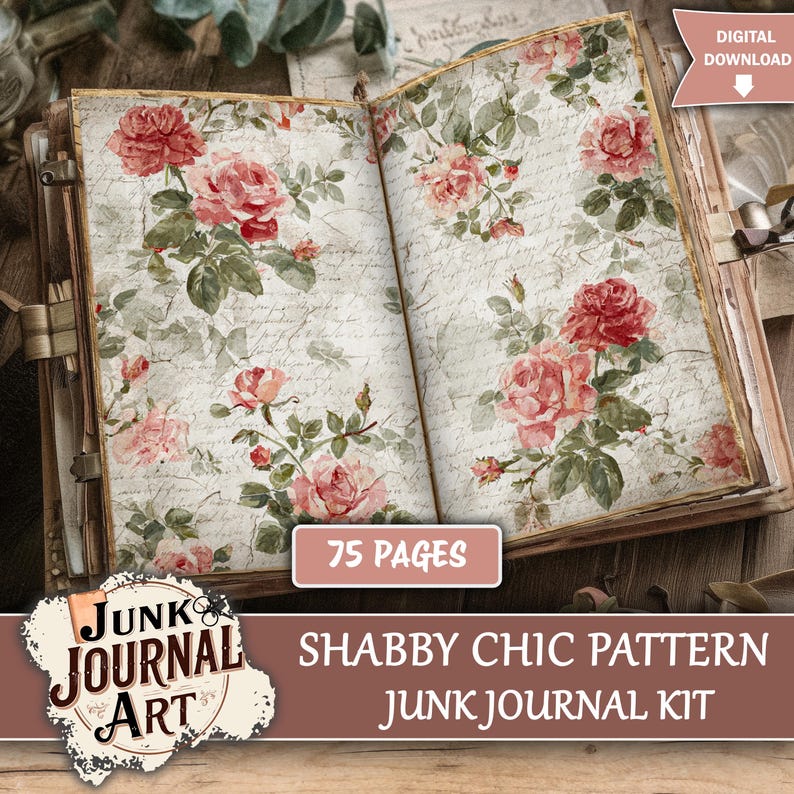 Shabby Chic Pattern Junk Journal Pages, Vintage Floral Kit, Pink Rose ...