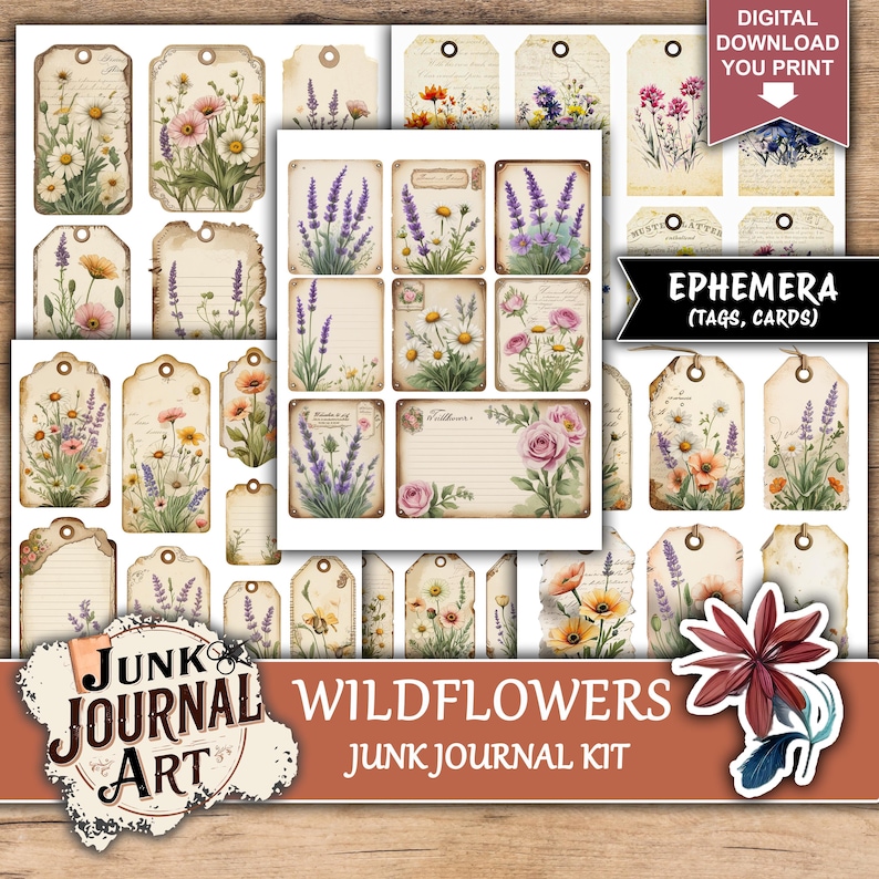 Junk Journal, junk journal supplies, junk journal kits, junk journal ideas, junk journal paper, junk journaling kits, junk journal sticker, junk journal flowers, Wildflowers paper, floral junk journal, wildflowers stickers, vintage wildflowers