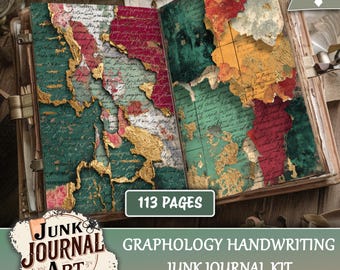 Graphology Junk Journal Kit, Grunge Handwriting Scrapbook Papers, Mixed Media Script Ephemera, Faux Gold Lettering Tags