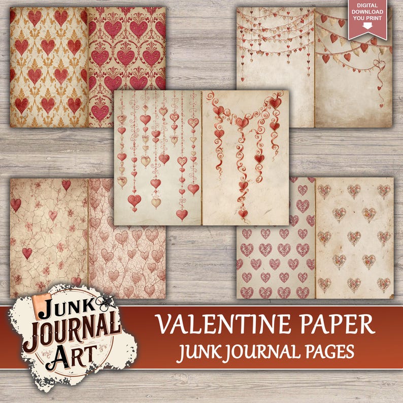 Valentine Paper Junk Journal Printable Pages, Vintage Love Background ...