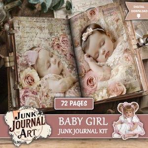 Baby Girl junk journal, junk journal supplies, junk journal kits, floral junk journal, printable junk journal kit, pink junk journal, tags