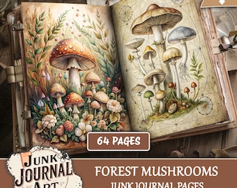 May include: Open journal with illustrated forest mushrooms on aged paper. The left page features a large mushroom with red and white spots, surrounded by smaller mushrooms and flowers. The right page displays various mushroom species. The text reads "64 pages" and "Forest Mushrooms Junk Journal Pages."