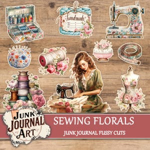 May include: A collection of floral-themed sewing-related images, including a sewing machine, a woman sewing, spools of thread, and a dress form. The images are arranged on a wooden background. Text includes "Handmade" and "Sewing Florals".