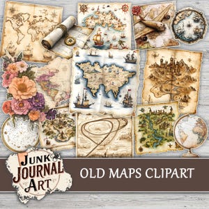 May include: A collection of vintage-style maps and nautical-themed illustrations. The assortment includes rolled maps, compasses, sailing ships, and a globe. The color palette features sepia tones, with accents of blue, green, and red. The text "Junk Journal Art" and "Old Maps Clipart" are visible.
