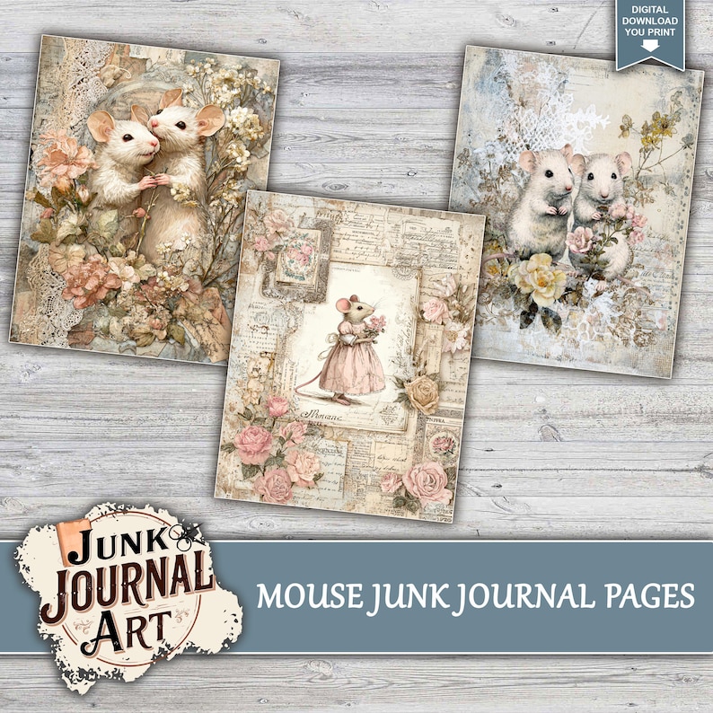 The image is a collage of three mouse-themed art pieces, each featuring a mouse surrounded by flowers and other decorative elements. The artworks are titled "MOUSE JUNK ART" and "MOUSE JUNK JOURNAL PAGES", indicating that these are mouse-themed art pieces available for purchase or use.