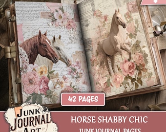 May include: Open junk journal with horse illustrations and floral accents. The pages feature a vintage aesthetic with a brown and white horse, and a white horse rearing up. The journal includes the text "42 pages" and "Horse Shabby Chic".