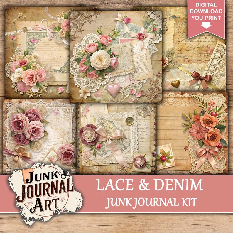 Lace and Denim Junk Journal Kit, Shabby Chic Scrapbook Papers, Woodland ...