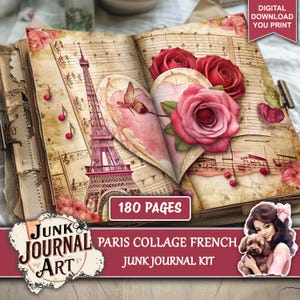 Collage di Parigi in francese, materiali per diari di scarto, kit per diari di scarto, diario di scarto francese, pagine di diario di scarto di Parigi, rose, Torre Eiffel, clipart