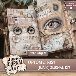 Puede incluir: Un kit de diario creativo abierto con 107 páginas que incluyen papel vintage, elementos de collage e ilustraciones detalladas de ojos humanos. Las páginas presentan texto, adornos de encaje y motivos circulares.