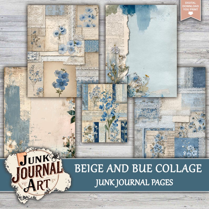 Blue and Beige Junk Journal Kit, 37 Vintage Collage Pages, Ocean Floral ...