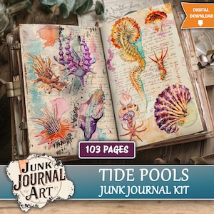 May include: An open junk journal kit featuring 103 pages with watercolor illustrations of sea creatures, including seahorses, shells, and anemones. The pages contain handwritten script, ink splatters, and vibrant orange, purple, and yellow tones.
