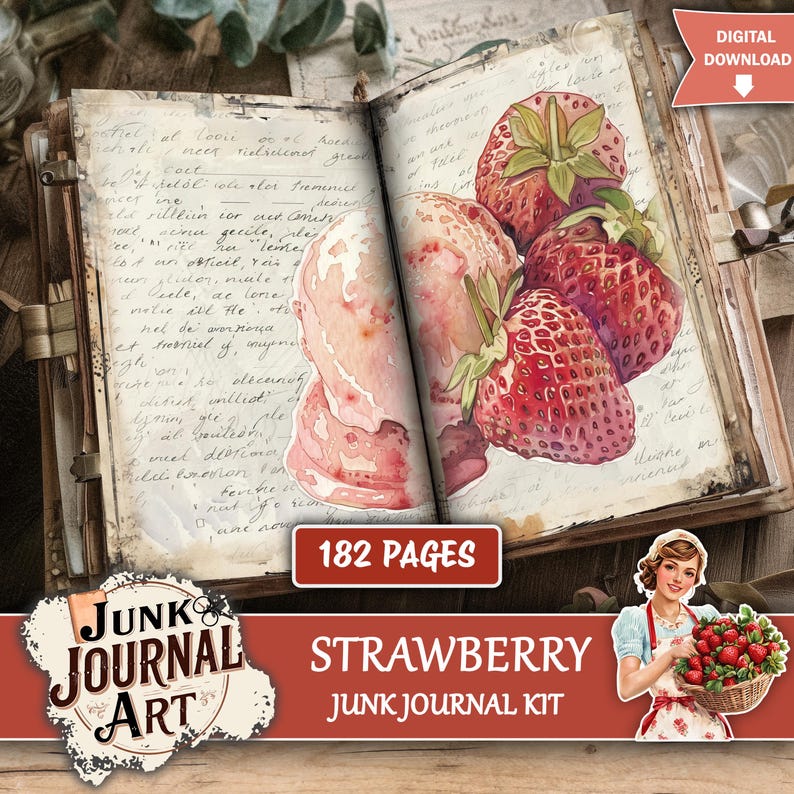junk journal supplies, junk journal kits, junk journal ideas, junk journal paper, junk journaling kits, junk journaling, junk journal sticker, vintage junk journal, Strawberry journal, goose junk journal, Strawberry clipart, Fussy cuts, scrapbook