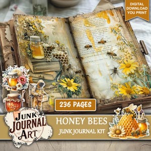 Journal indésirable abeilles imprimables, fournitures de journal indésirable, kits de journal indésirable, papier de scrapbooking abeille, floral jaune, éphémère, clipart abeille