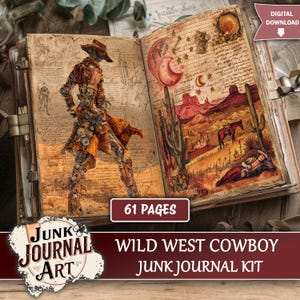 Könnte beinhalten: Offenes Junk-Journal-Kit mit Wildwest-Thema. Die linke Seite zeigt eine Steampunk-Cowboy-Illustration. Die rechte Seite zeigt eine Wüstenlandschaft mit Kakteen, einem Pferd und einer Person. Das Kit enthält 61 Seiten und ist ein digitaler Download.