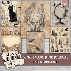 The image is a collage of various vintage-style illustrations and objects, including a black cat, a globe, a cauldron, and other mystical or magical elements. The collage appears to be a collection of pages from a witch-themed journal art print, with a focus on the mystical and supernatural themes.