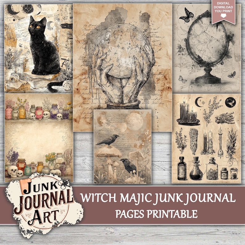 The image is a collage of various vintage-style illustrations and objects, including a black cat, a globe, a cauldron, and other mystical or magical elements. The collage appears to be a collection of pages from a witch-themed journal art print, with a focus on the mystical and supernatural themes.