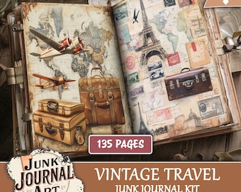 Peut inclure: Un journal de voyage vintage ouvert avec 135 pages. Le journal présente des illustrations d'avions, de valises et de la Tour Eiffel. La couverture porte le texte "Vintage Travel Junk Journal Kit".