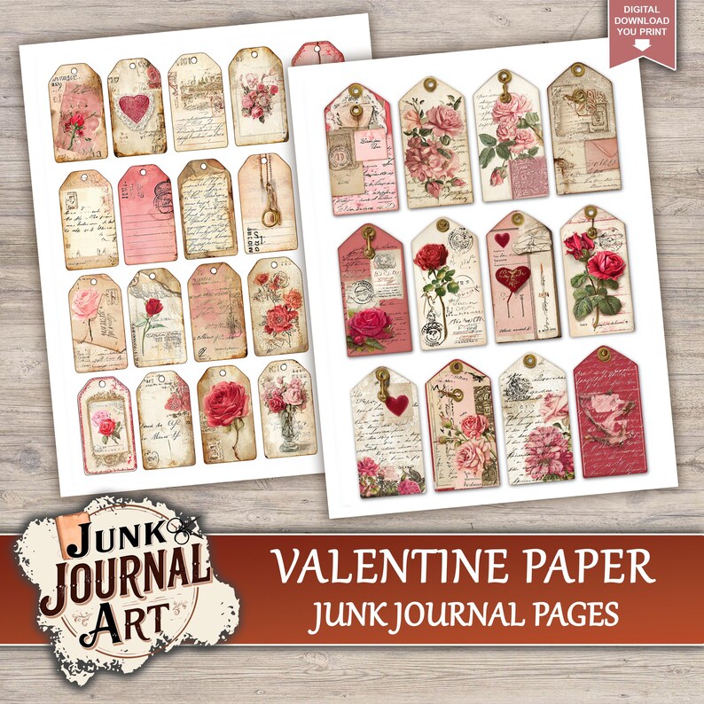 Valentine Paper Junk Journal Printable Pages, Vintage Love Background ...