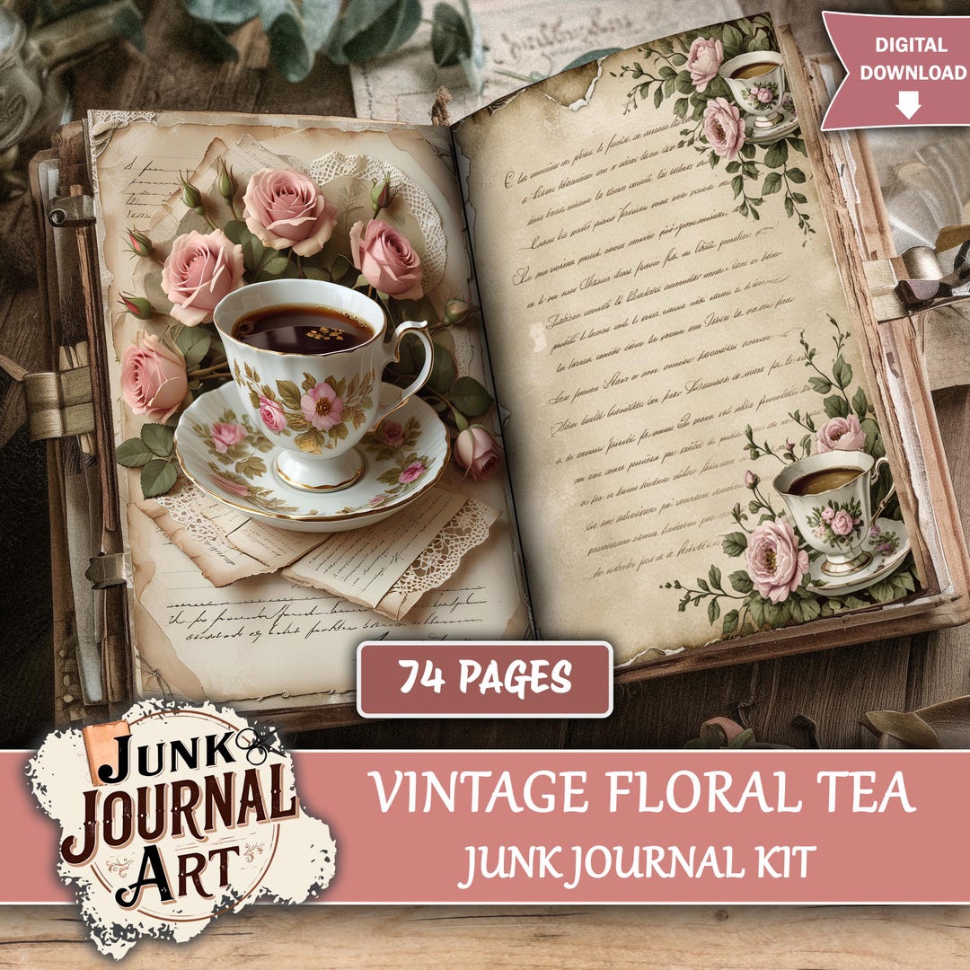 Vintage Floral Tea Junk Journal Kit, Stained Printable Papers, Ephemera ...