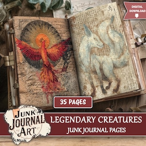 May include: Open junk journal with illustrations of a phoenix and a nine-tailed fox. The phoenix is red and orange, set against a sunburst. The fox is white and blue. The journal has 35 pages and the text "Legendary Creatures".