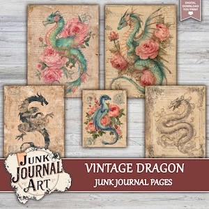 The image is a collage of vintage dragon illustrations, including one with pink roses and another with a snake. The collage is titled "Vintage Dragon Junk Journal Art" and includes "Junk Journal Art" and "Vintage Dragon Junk Journal Pages" text.