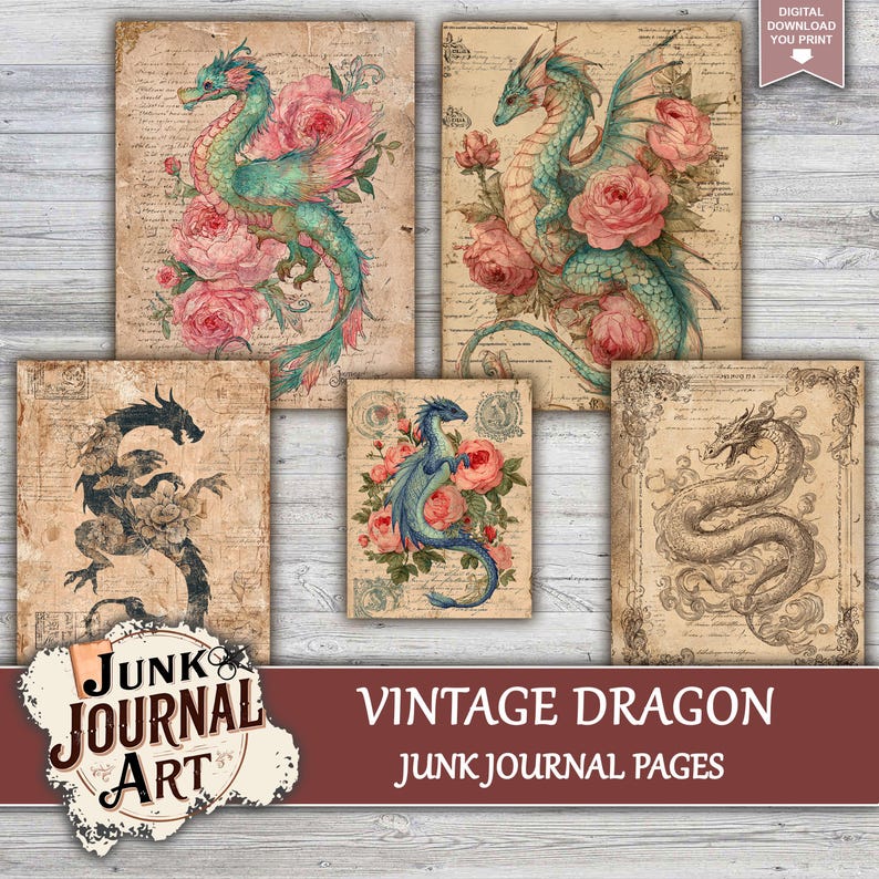 The image is a collage of vintage dragon illustrations, including one with pink roses and another with a snake. The collage is titled "Vintage Dragon Junk Journal Art" and includes "Junk Journal Art" and "Vintage Dragon Junk Journal Pages" text.