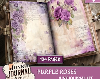 Vintage Purple Rose Junk Journal Kit, Shabby Chic Floral Scrapbook Papers, Lavender Botanical Ephemera