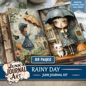 Ein regnerischer Tag Junk Journal - Junk Journal Lieferungen, Junk Journal Kits, Winter Junk Journal, Regenschirm Journal Papiere, bedruckbar, pingeliger Schnitt, tags