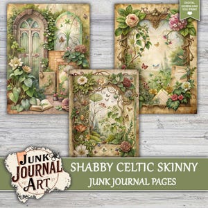 The image is a collage of three vintage-style paintings depicting a shabby celtic-style skinny, featuring lush greenery, flowers, and a whimsical, fantastical landscape.