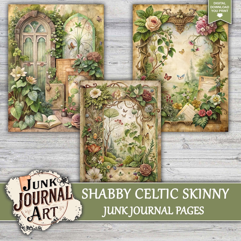 The image is a collage of three vintage-style paintings depicting a shabby celtic-style skinny, featuring lush greenery, flowers, and a whimsical, fantastical landscape.
