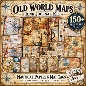 May include: A digital junk journal kit featuring Old World Maps, nautical papers, and map tags. The collection includes 150+ printable pages with vintage cartography, compass roses, and navigational instruments in sepia and blue tones.