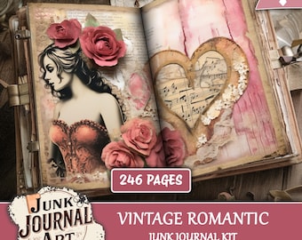 Kit de diario de recortes romántico vintage, papeles de scrapbooking rosa estilo shabby chic, efímeros de ángeles y corazones