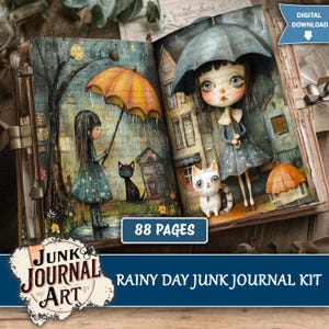 Puede incluir: Un kit de diario digital descargable titulado "Rainy Day Junk Journal Kit". El diario abierto presenta ilustraciones de niñas con paraguas, gatos y casas bajo la lluvia. El diario tiene 88 páginas y las palabras "Junk & Journal Art" son visibles.