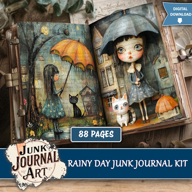 Cozy Rainy Day Junk Journal Kit, Vintage Umbrella Scrapbook Papers ...