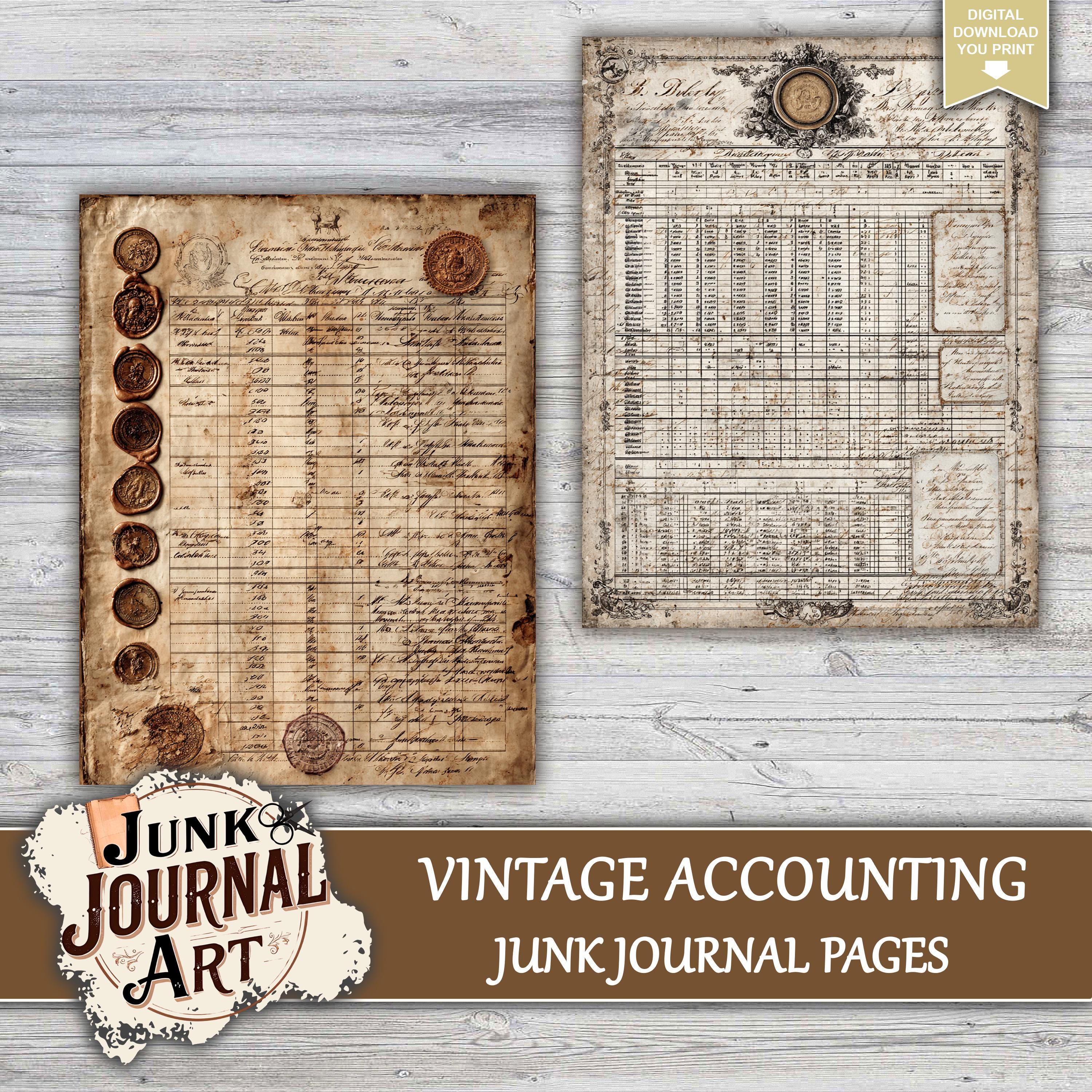 Old Ledger Junk Journal Printable Pages - Vintage Accounting Ephemera Kit , Grunge Office Paper ...