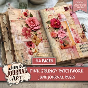 Pink floral digital paper, junk journal supplies, junk journal kits, junk journal floral, patchwork journal, Red floral digital paper