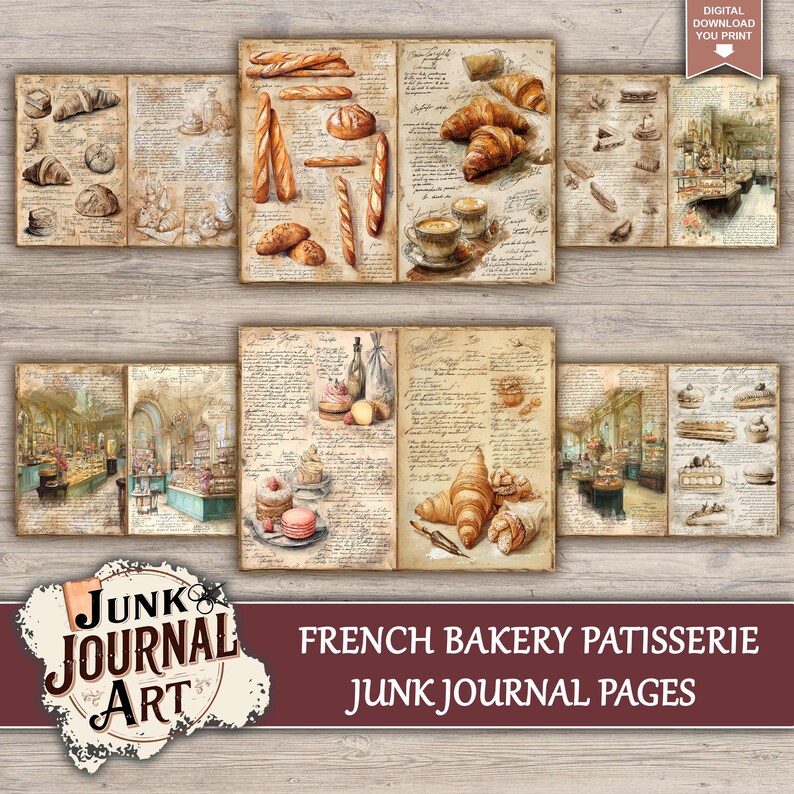 junk journal supplies, junk journal kits, junk journal paper, junk journal pages, Vintage Junk journal, French Bakery, Vintage Patisserie, Croissant Paper, Macaroon Art, Food Junk Journal, Kitchen Scrapbook, Cafe Storefront, fussy cuts