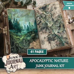 May include: Open junk journal kit with 61 pages, featuring apocalyptic nature-themed artwork. The pages display detailed illustrations of a fantasy landscape and a map. The kit includes the text "Apocalyptic Nature Junk Journal Kit".