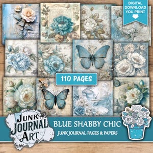 Blaues shabby chic Junk Journal, blaue Blumen, shabby chic Papiere, junk journal kits, junk journal kits, shabby chic Papiere, shabby chic Papiere