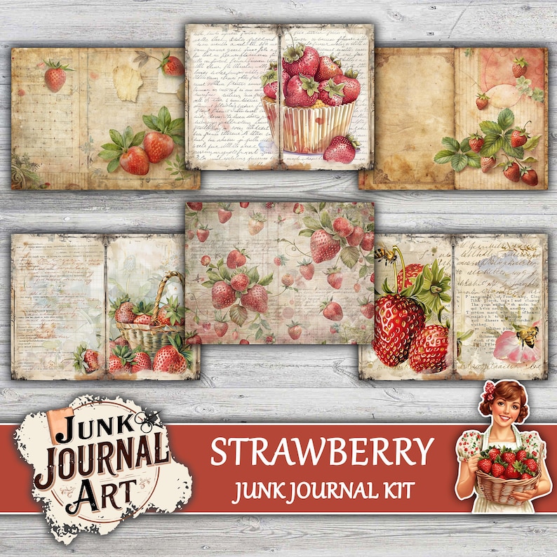 junk journal supplies, junk journal kits, junk journal ideas, junk journal paper, junk journaling kits, junk journaling, junk journal sticker, vintage junk journal, Strawberry journal, goose junk journal, Strawberry clipart, Fussy cuts, scrapbook