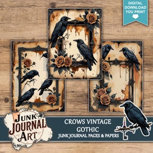 The image is a collage of three vintage-style photographs featuring black crows perched on floral and ornamental elements, such as roses and branches. The photographs are set against a backdrop of a wooden surface.
