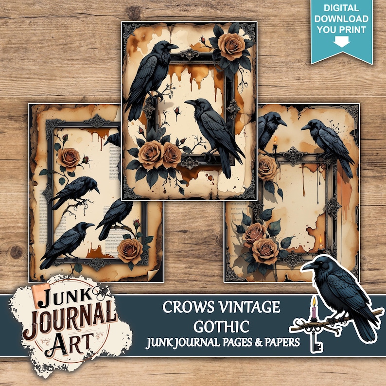 The image is a collage of three vintage-style photographs featuring black crows perched on floral and ornamental elements, such as roses and branches. The photographs are set against a backdrop of a wooden surface.