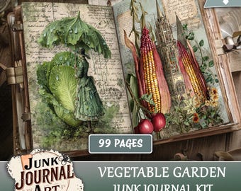 Páginas imprimibles para diario basura de huerto: materiales para diario basura, arte vintage con zanahorias y tomates, efímeras botánicas de verduras