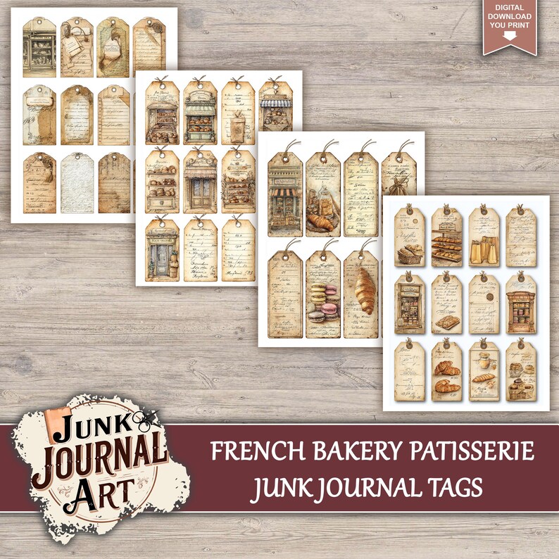 junk journal supplies, junk journal kits, junk journal paper, junk journal pages, Vintage Junk journal, French Bakery, Vintage Patisserie, Croissant Paper, Macaroon Art, Food Junk Journal, Kitchen Scrapbook, Cafe Storefront, fussy cuts