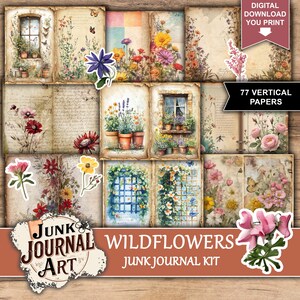 Junk Journal, junk journal supplies, junk journal kits, junk journal ideas, junk journal paper, junk journaling kits, junk journal sticker, junk journal flowers, Wildflowers paper, floral junk journal, wildflowers stickers, vintage wildflowers