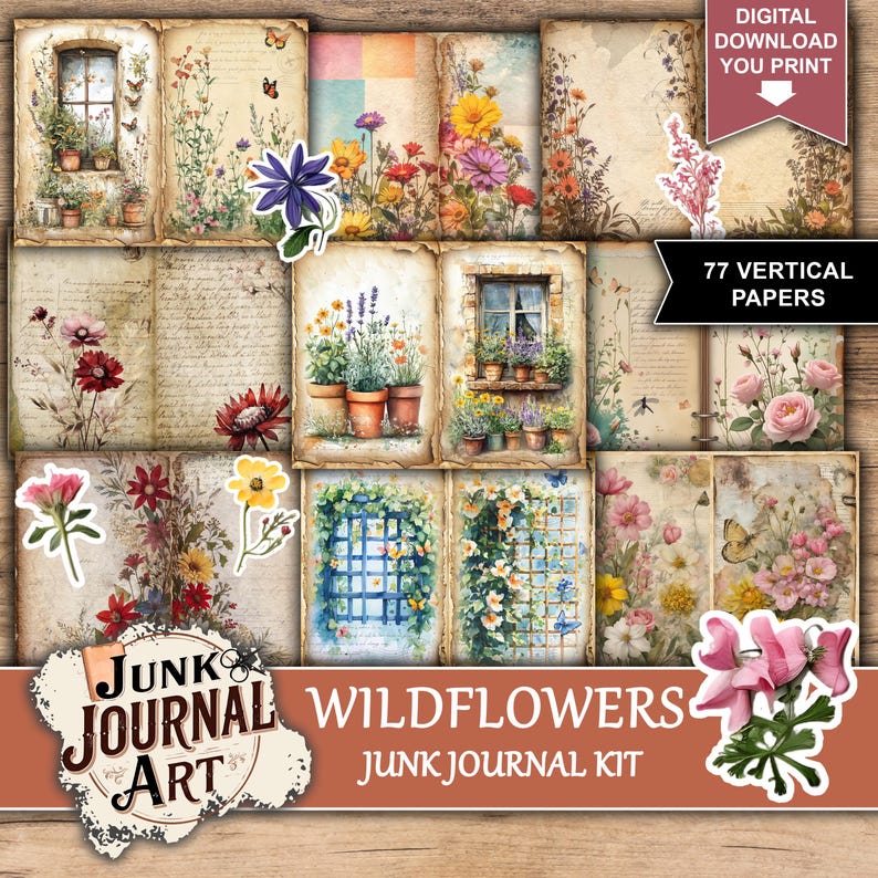 Junk Journal, junk journal supplies, junk journal kits, junk journal ideas, junk journal paper, junk journaling kits, junk journal sticker, junk journal flowers, Wildflowers paper, floral junk journal, wildflowers stickers, vintage wildflowers