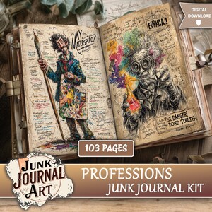 May include: Open junk journal kit with illustrations of professions. The left page features an artist with a paintbrush, and the right page shows a scientist with a beaker. The journal has 103 pages and includes the text "Professions Junk Journal Kit."