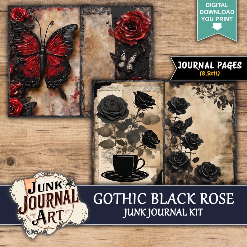Gothic Black Rose Junk Journal Kit, Dark Floral Printable Papers ...
