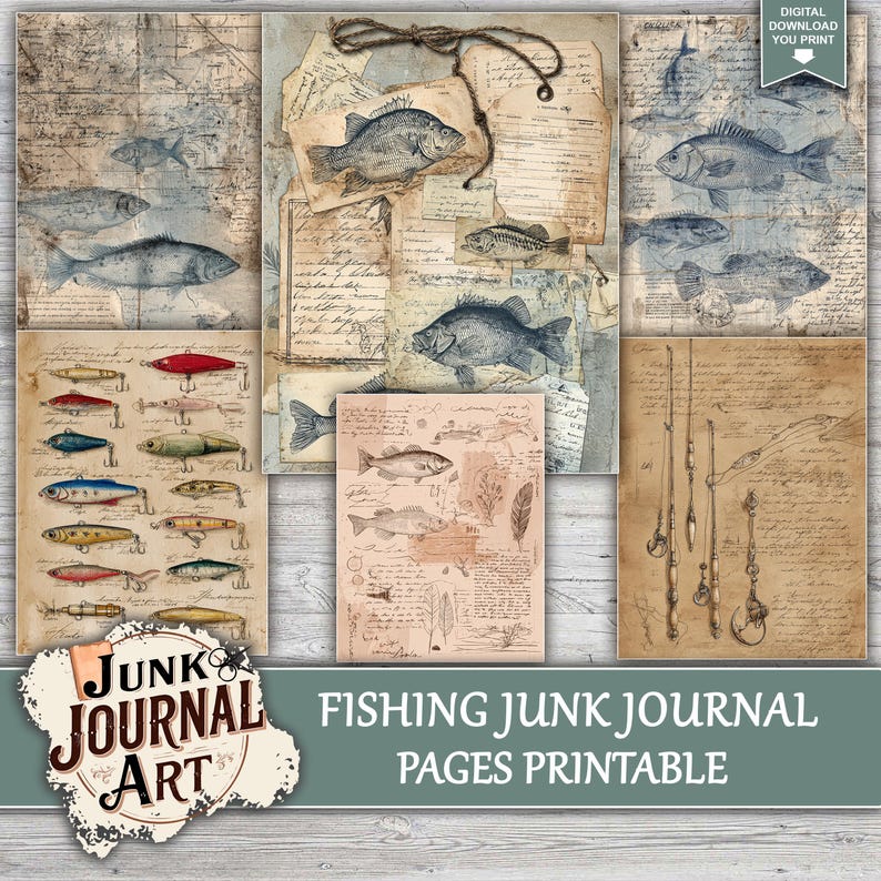 junk journal supplies, junk journal kits, junk journal ideas, junk journal paper, junk journal pages, Vintage Junk journal, Fishing Junk Journal, Vintage Fisherman, Angler Ephemera,Rustic Masculine, Fish journal paper, Fish Illustration, Lake Life Journal, Printable Paper